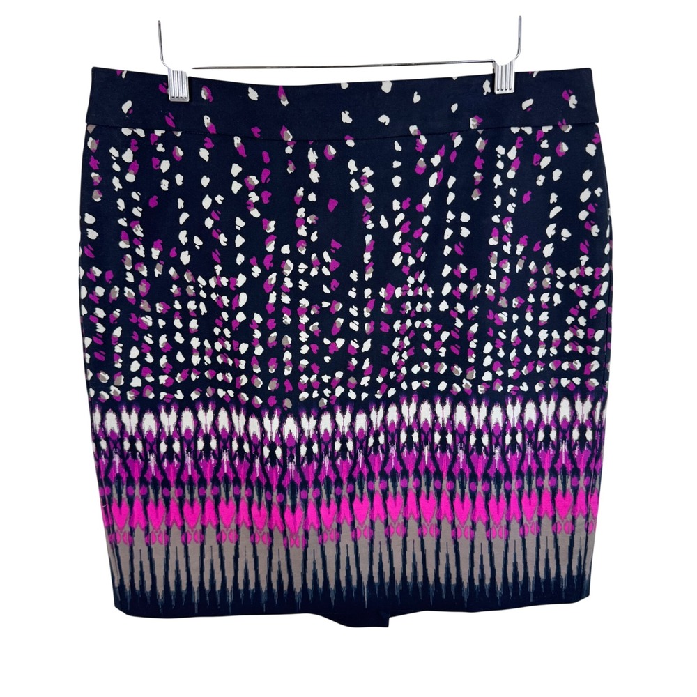 Ann Taylor Petite 14P Navy Pink Abstract Ikat Print Cotton Stretch Pencil Skirt